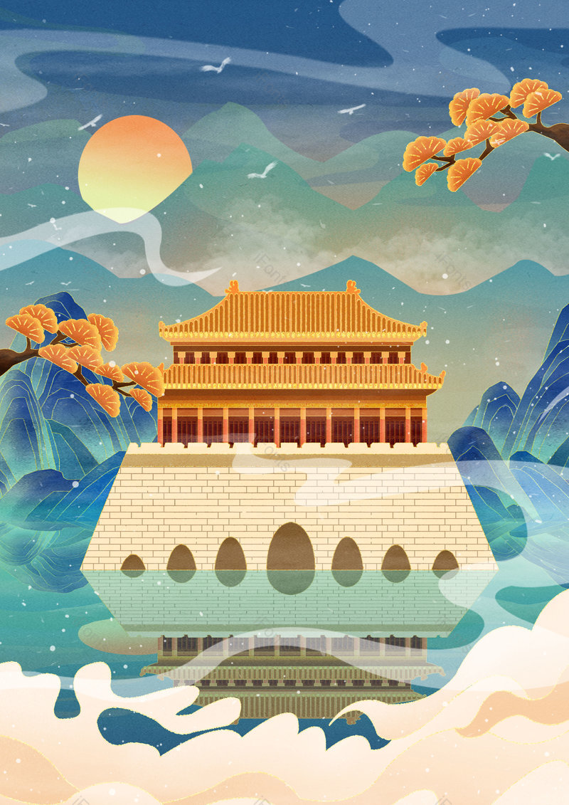 中国风国潮手绘建筑景点背景设计,插画/手绘图,插画/手绘图库,插画/手绘图下载,插画/手绘